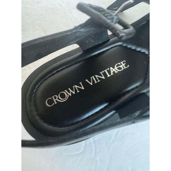Crown Vintage Cleona Black Leather Strappy Platform Buckle Square Toe Sandal 8M - Picture 10 of 11